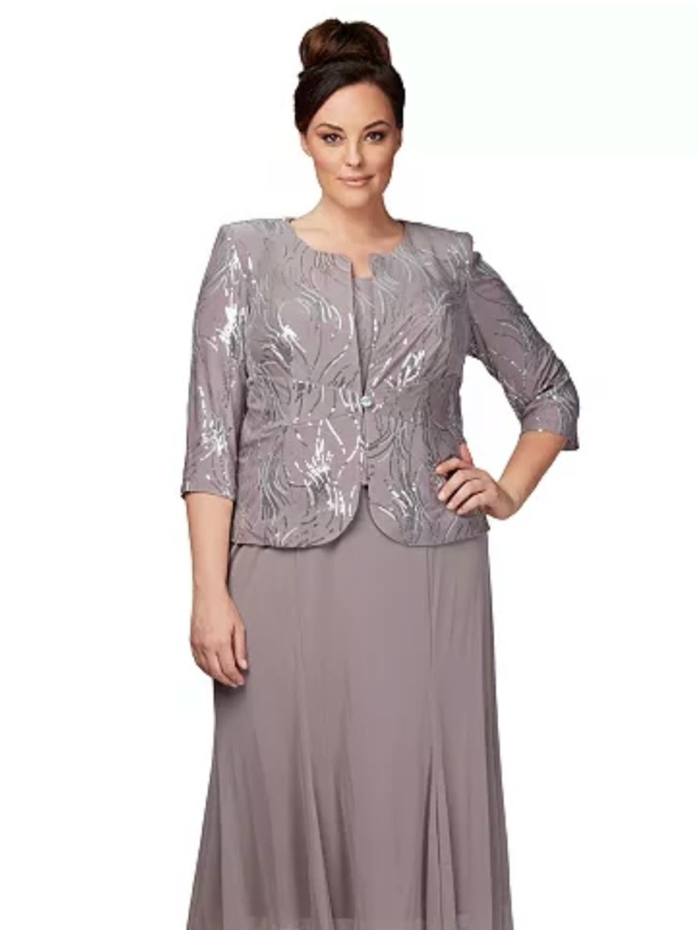 Alex Evenings Silver-Accented Gray Two-Piece Evening Set Size 18